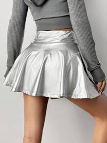 SHEIN EZwear Falda de mujer con shorts internos de PU - Plateado - Ver 2