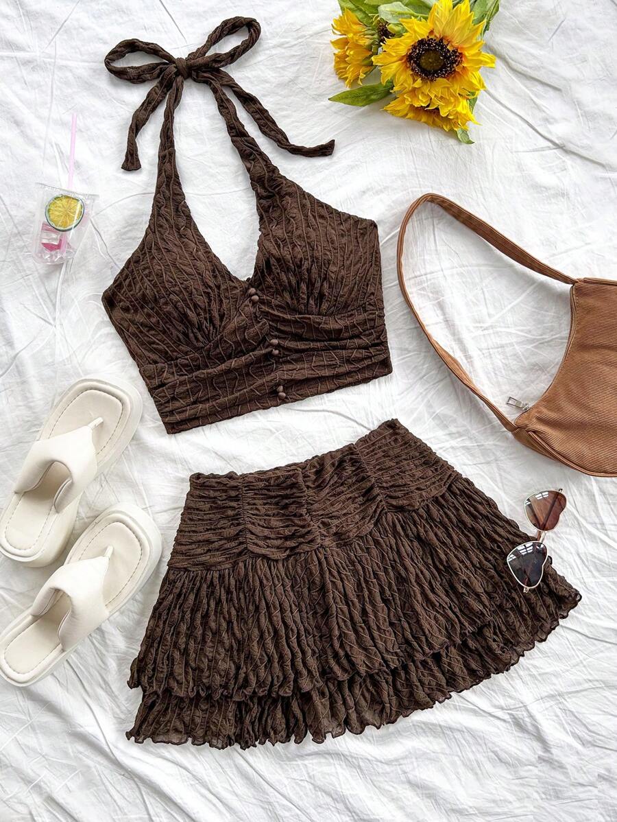 Soleia 针织纹理修身 V 领工字背心上衣和褶皱分层下摆迷你裙女式 2 件套，休闲夏日度假装