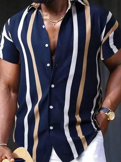 Manfinity Dauomo 大码男式前扣短袖条纹休闲衬衫