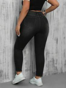 SHEIN ICON Quần Jeans Skinny Túi Lớn Dành Cho Nữ Thường Ngày Phù Hợp Với Mọi Phong Cách - màu đen - Xem 2