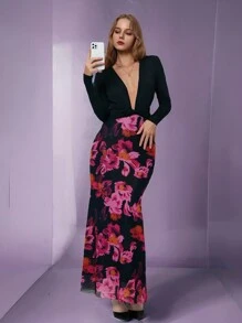Chiquease Vestido elegante con estampado floral, cuello en V profundo, manga larga y dobladillo de sirena para mujer, primavera y verano