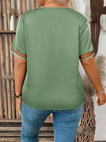 SHEIN LUNE Áo cánh tay ngắn cổ chữ V lưới đan màu trơn mùa hè cỡ lớn cho nữ - màu xanh lá - Xem 2