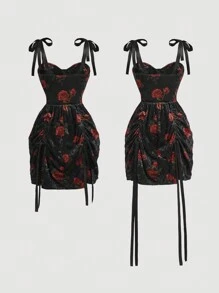 SHEIN MOD Women Elegant Red Floral Velvet Black Midi Dress With Bow Tie And Drawstring,Fall/Winter,Homecoming,Going Out,Wedding - Multicolor - View 4