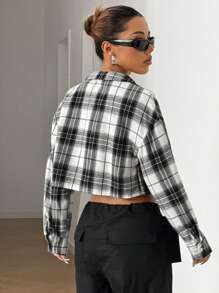 SHEIN EZwear Women's Spring & Fall Dropped Shoulder Long Sleeve Box-Shaped Cropped Plaid Shirt - Black and White - View 2