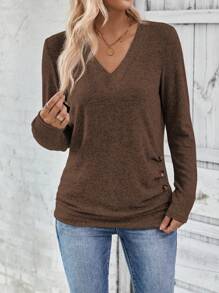 EMERY ROSE Women V-Neck Long Sleeve Solid Color Button Pleated Casual T-Shirt, Spring Autumn Fall Cloth For Women - Coffee Brown - View 3