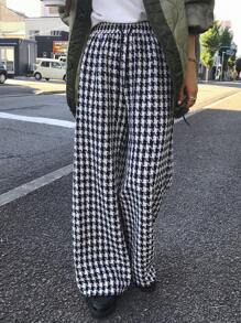 FRIFUL Women's Houndstooth Pattern Drawstring Waist Wide Leg Loose Casual Pants Plaid - Black and White - View 8