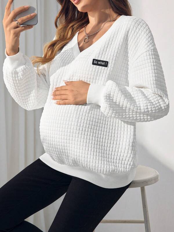 SHEIN Women Maternity V-Neck Solid Color Knit Long Sleeve Sweatshirt, Autumn & Winter