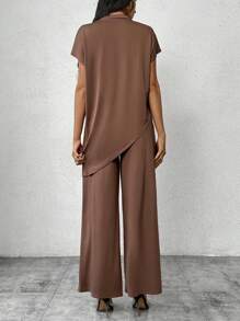 SHEIN Privé 2pcs Set Women Minimalist Elegant White Collared Dolman Sleeve Asymmetric Hem Loose Fit T-Shirt & Wide Leg Pants