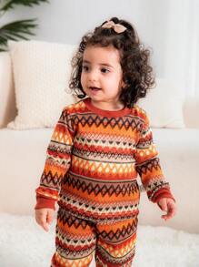 2 piezas Conjunto de top de manga larga y pantalones a juego de punto manual retro para bebé niña, tela suave y acogedora, para uso en exteriores