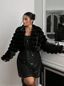 SHEIN EZwear 大码女式仿毛领开襟长袖黑色外套，带衬里，适合搭配返校礼服和派对服装 - 黑色 - 查看 3