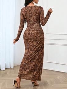 SHEIN Lady Four Season Party   Print  Women's Vintage Printed Pleated Dress Elegant Women Dresses Long Sleeve Dress Wedding Dress Guest Bridesmaid Dress  Fall Dresses Vintage Dress Burnt Orange Dress
