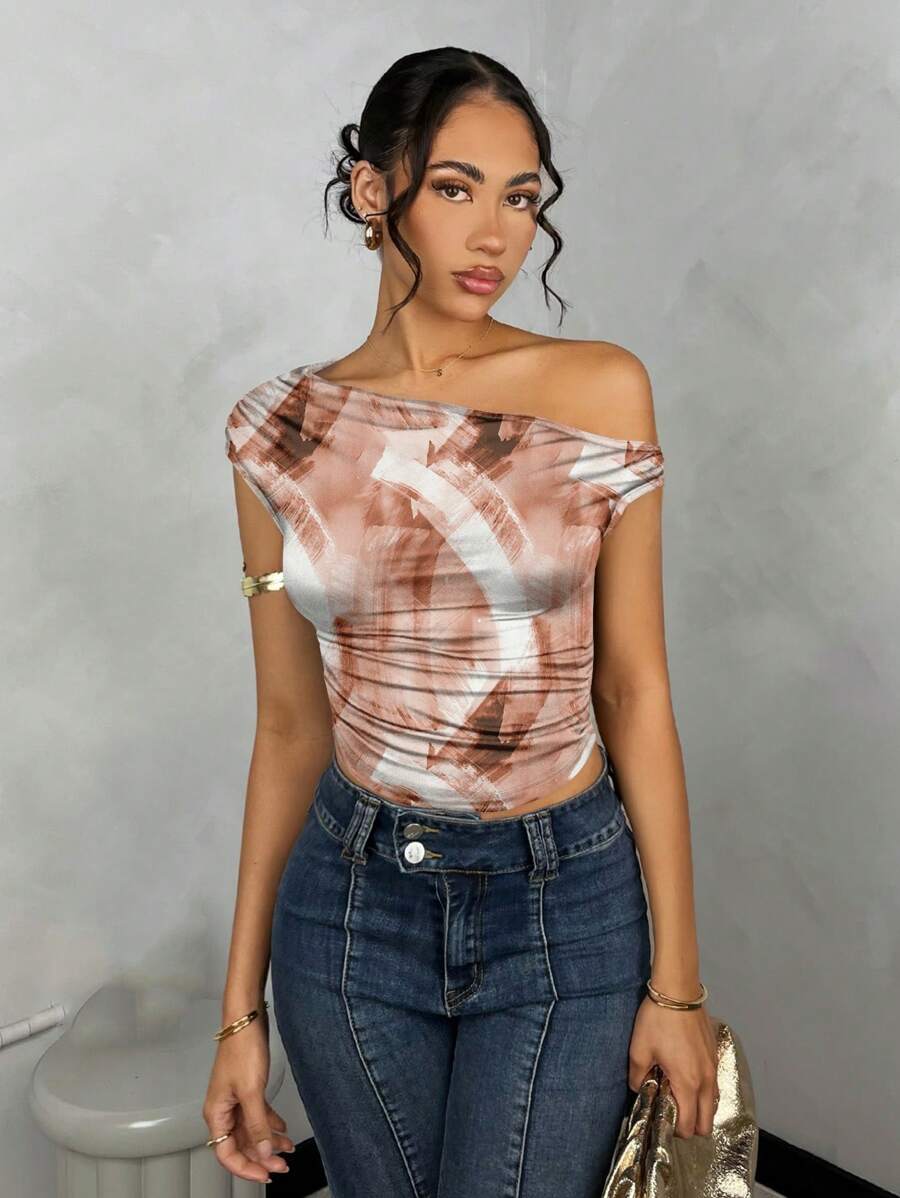 SHEIN BAE 女士紧身不对称领口褶皱短款上衣 - 卡其色 - 查看 1