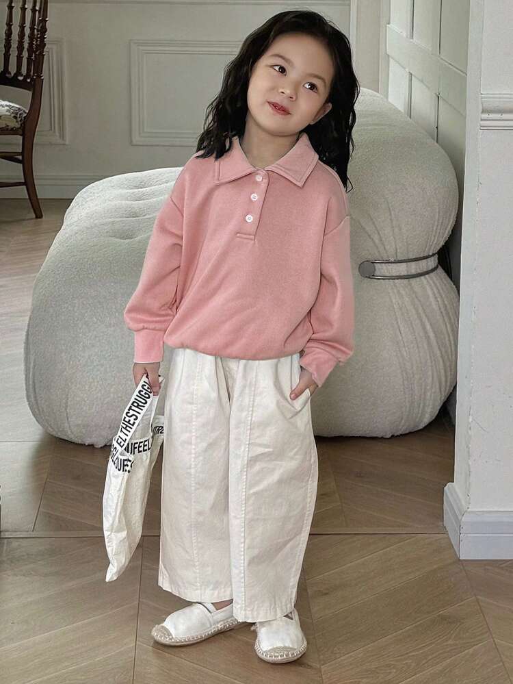 Girls' Solid Color Polo Collar Sweatshirt, Young Girl Fall Clothes
