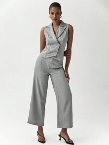 Chiquease Women's Front Button Collared Striped Blouse And Pants Casual Suit Set - Grey - View 4