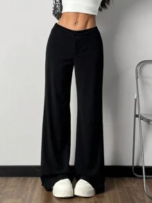 SHEIN EZwear 黑色针织女宽腿宽松休闲裤 - 黑色 - 查看 4