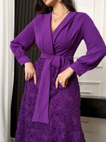 Modelyn 女士纯色抽绳长袖 V 领休闲连衣裙长款女士套装长款晚礼服 - 紫色 - 查看 7