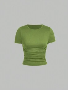 SHEIN Unity 3 件套纯色圆领修身褶皱短款 T 恤 - 彩色 - 查看 3