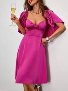 Allurite Ruffle Trim Strapless Peplum Party Dress With Flare Sleeves