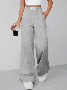 SHEIN PETITE Blauwe geweven, met garen geverfde gestreepte broek voor dames