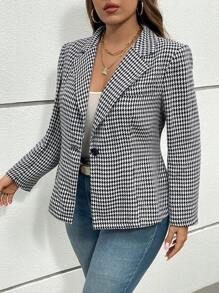 SHEIN Essnce 大码女装秋装新款时尚休闲通勤优雅职场工作返校服教师服商务职业骄傲装黑色上衣商务休闲大码外出上衣黑色西装外套大码女装秋冬新款时尚休闲法式黑白千鸟格西装外套 - 黑與白 - 查看 3