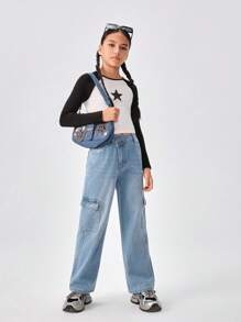 Girls Basic Casual Heavy Washed Asymmetrical Waist Multi-Pocket Loose Denim Jeans - Medium Wash - View 7