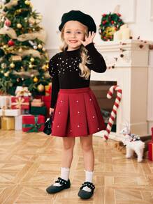 SHEIN Young Girl Woven Solid Color Beaded Casual Skirt, For Christmas