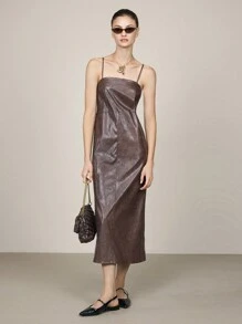 BizChic Women's Elegant Commuter Slip Dress In Leather, Christmas Outfit - Coffee Brown - View 5
