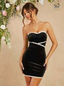 L'Amorae Sleeveless Lace Patchwork Ruched Elegant Dress - Black - View 1