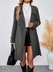 EMERY ROSE Women's Collar Cinched Waist Midi Trench Coat, Dark Grey Fall Winter Cloth For Women