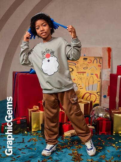 Set de 2 piezas Conjunto navideño para niños preadolescentes con sudadera con capucha con barba de Papá Noel "HoHoHo" y pantalones de chándal