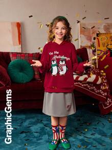 2pcs/Set Tween Girls Christmas Penguin Hoodie Sweatshirt And Letter Print Skirt, Christmas Outfit
