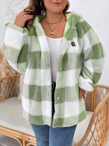 SHEIN LUNE Chaqueta gruesa con capucha de forro polar a cuadros de manga larga para mujer de talla grande para otoño/invierno - verde menta - Ver 3