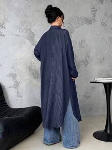 SHEIN LUNE Long Textured Fabric Casual Office Shirt Fall Cloth For Women - Navy Blue - View 2