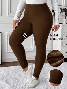 SHEIN LUNE Damen Leggings in Große Größen mit elastischem Bund, thermisch gefüttert, für den Lässig-Bereich - Schokoladenbraun - Übersicht 7