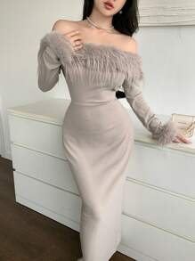 Feyla Women's Solid Color Off-Shoulder Fluffy Splice Elegant Long Sleeve Dress Long Evening Dresses - Khaki - View 5