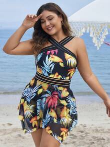 SHEIN Swim Curve Váy bơi in họa tiết nhiệt đới lưới ghép cỡ lớn, đi nghỉ thường ngày - Nhiều màu - Xem 4