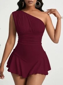 Zolique Women's Shoulder Strap Ruffle Trim Bodycon Romper