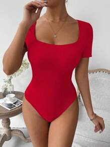 Zolique 女士纯色方领紧身连体衣，夏季新年衣服 - 紅色 - 查看 4