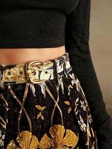 Anewsta 女式天鹅绒花卉印花短裤配腰带，复古经典花卉图案，优雅外观，秋冬 - 黑色 - 查看 2