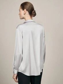 BizChic Grey Satin Finish Long Sleeve Blouse, Elegant Women's Outwear For Party, Holiday, Christmas, New Year, Autumn/Winter, - Grey - View 8