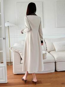 DAZY Elegant Patchwork PU Leather Collar Single-Breasted Lace-Up Waist Long Sleeve Dress