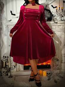 Flirla Halloween Plus Size Women Elegant Long Sleeve Button Decor Square Collar Palace Style Fall Dress - Burgundy - View 5