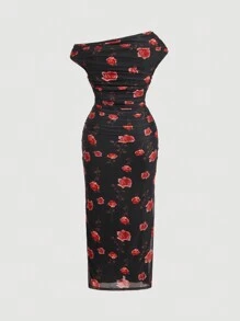 SHEIN MOD Plus Size Vintage Elegant Rose Floral Asymmetrical Neck Long Dress, Romantic Flowing Dress - Multicolor - View 2