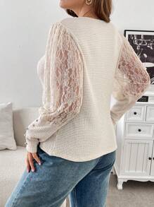 SHEIN Frenchy Blusa larga de punto de color albaricoque con parches de encaje elegante para mujer de talla grande