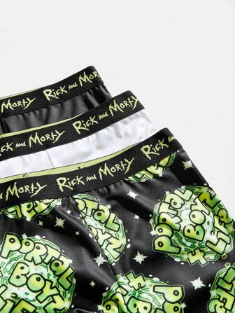 Rick and Morty X SHEIN 3 件装男士卡通人物 & 字母印花平角内裤