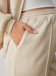 SHEIN Maternity Women 2-Piece Set: Zip-Front Baseball Jacket And Drawstring Waist Pants, For Fall Season - Apricot - View 9