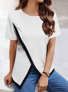 SHEIN Clasi 女士拼色圆领短袖 T 恤 - 白色 - 查看 4
