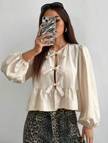 SHEIN EZwear Spring/Summer New Chiffon Women Petal Sleeve Bow Tie Casual Vacation Shirt Tie Front Blouse Lantern Sleeve Blouse Cream Blouse Ruffle Blouse Tie Up Shirt - Apricot - View 4