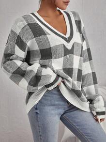 SHEIN Essnce Áo len dệt kim kẻ caro cổ chữ V cho nữ, Thu/Đông - Màu xám đen - Xem 5