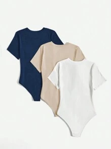 Flirla Plus Size Solid Color Crew Neck Short Sleeve Casual Bodysuit - Multicolor - View 2